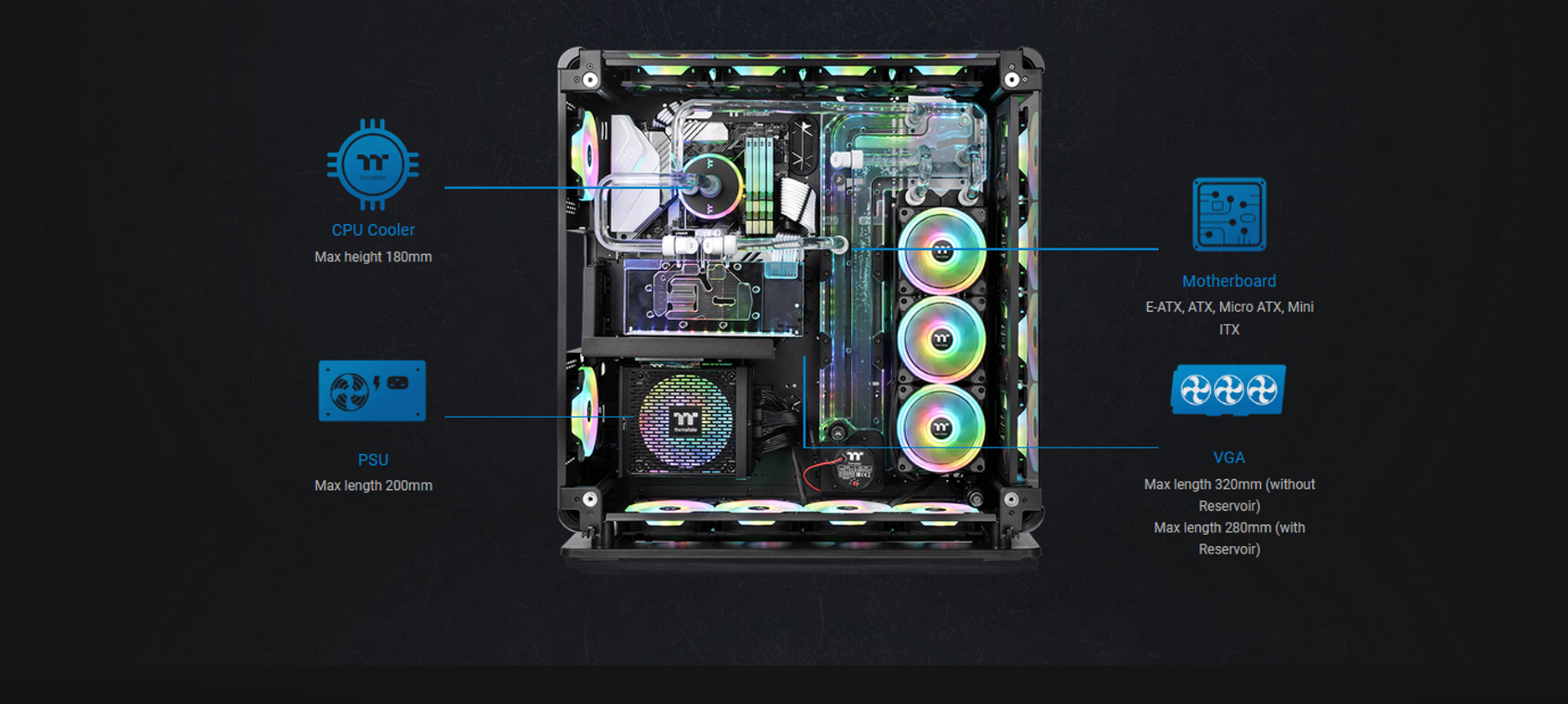 Case Thermaltake Core P8 Tempered Glass Full Tower Chassis (Full Tower / Màu Đen) đặc biệt phù hợp với các mẫu Modding PC có sử dụng tản nhiệt nước Custom.